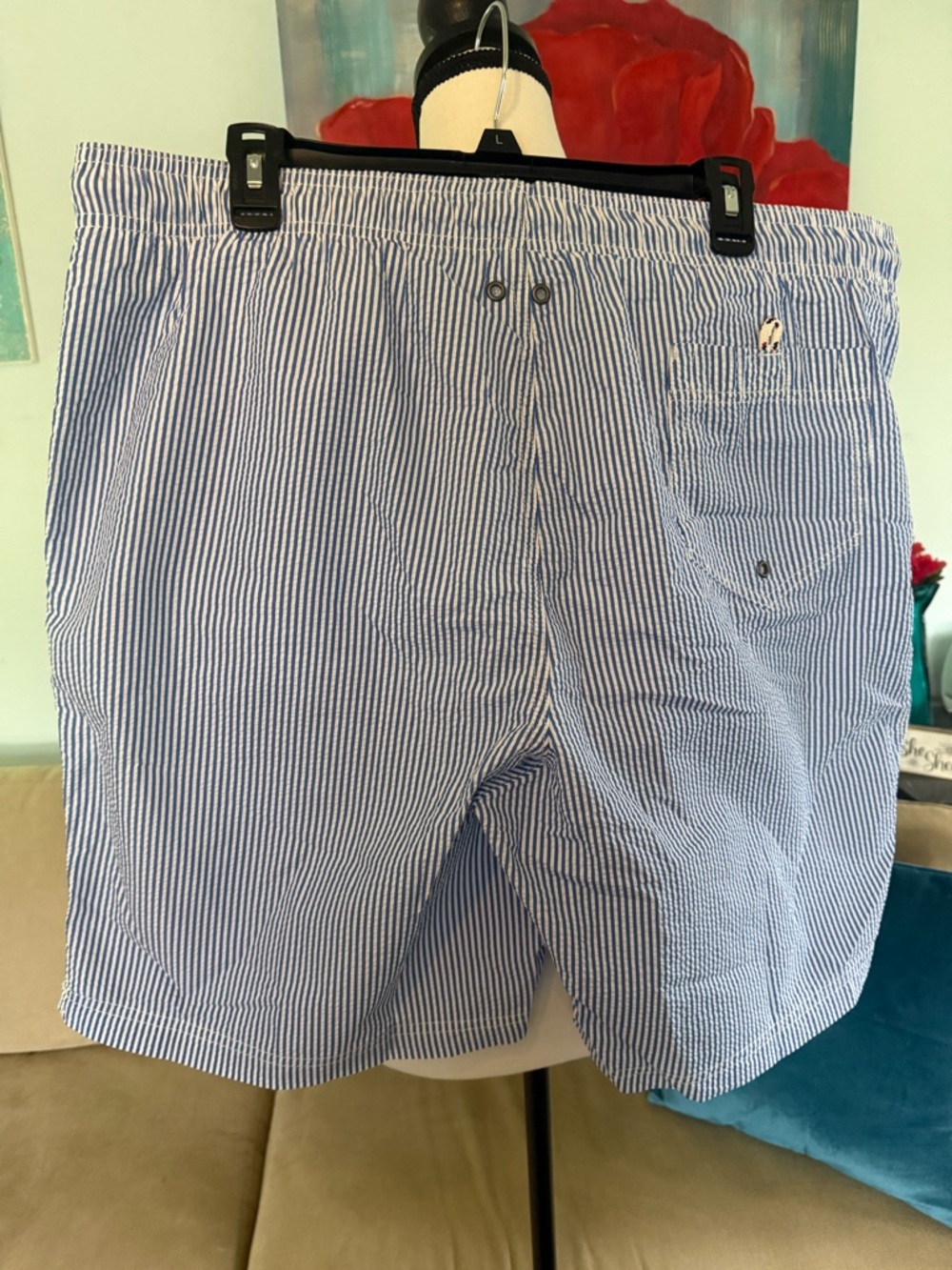 Lands End Swim Trunks Mens XL Seersucker Blue Striped Mesh Lined Swimsuit